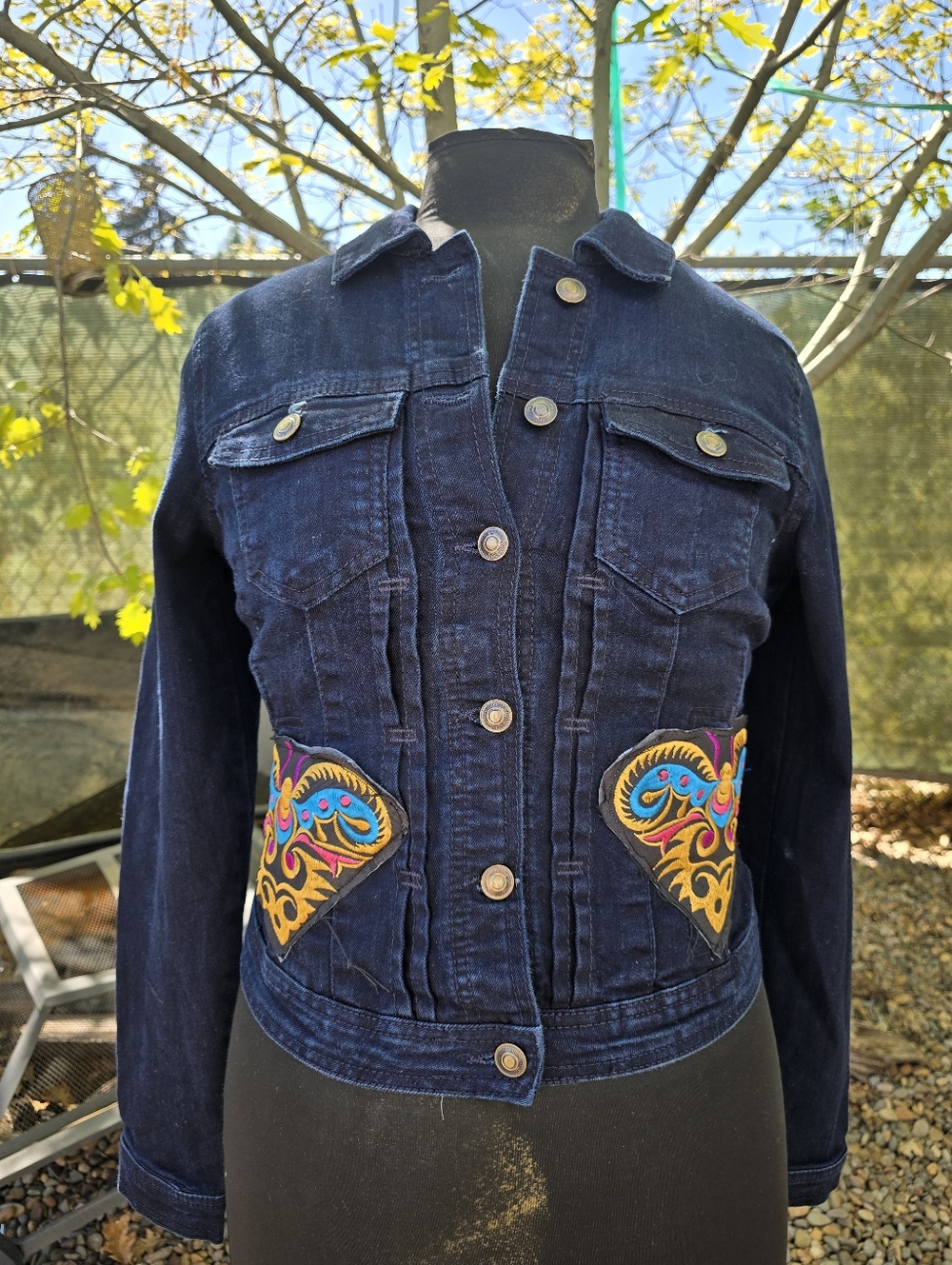 Dark Blue Embroidered Denim Jean Jacket Hmung Botik Embroidered Asian Bohemian